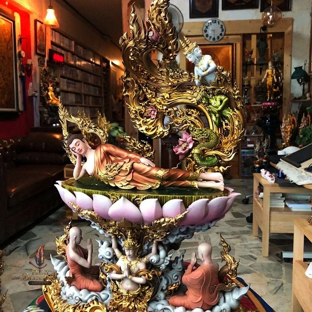Authentic Sacred Thai Fine Art Hand-Painted Bronze Statue "Phra Chaturaphit Barami Saiyat" (Reclining Buddha - 44 cm / 17 Inch High Altar Size - 10 kg) Thai Blessing Co By RURUECHA