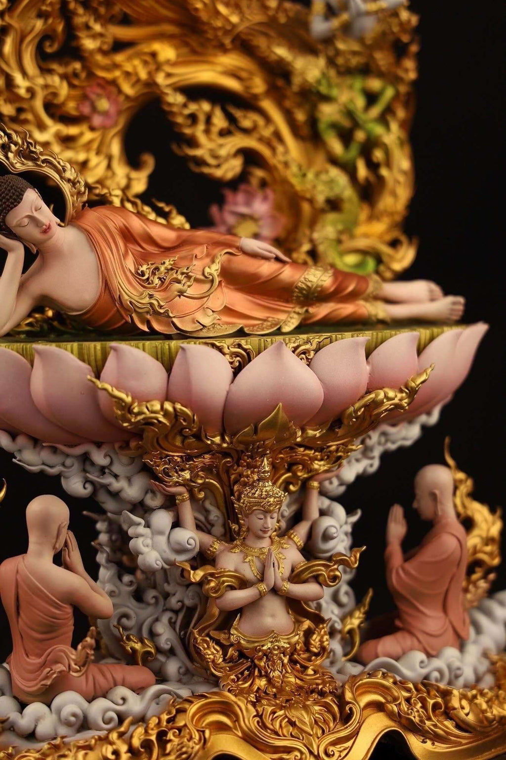 Authentic Sacred Thai Fine Art Hand-Painted Bronze Statue "Phra Chaturaphit Barami Saiyat" (Reclining Buddha - 44 cm / 17 Inch High Altar Size - 10 kg) Thai Blessing Co By RURUECHA
