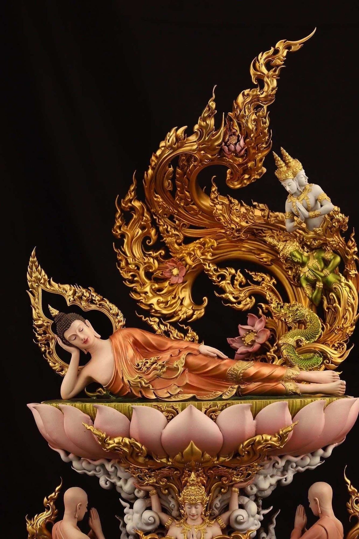 Authentic Sacred Thai Fine Art Hand-Painted Bronze Statue "Phra Chaturaphit Barami Saiyat" (Reclining Buddha - 44 cm / 17 Inch High Altar Size - 10 kg) Thai Blessing Co By RURUECHA