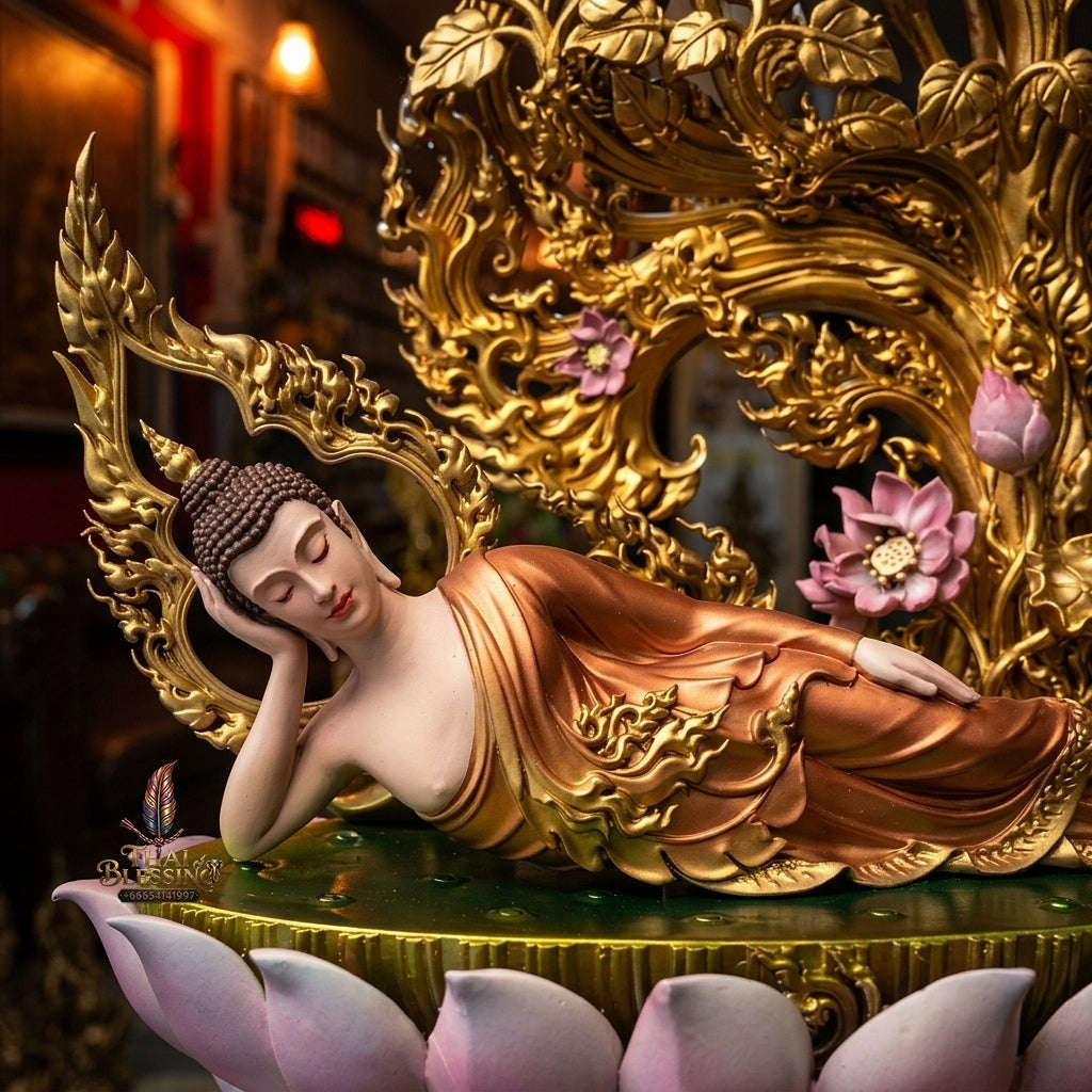 Authentic Sacred Thai Fine Art Hand-Painted Bronze Statue "Phra Chaturaphit Barami Saiyat" (Reclining Buddha - 44 cm / 17 Inch High Altar Size - 10 kg) Thai Blessing Co By RURUECHA