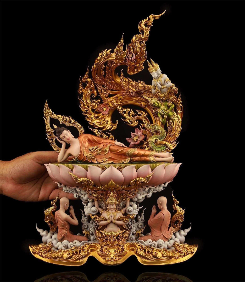 Authentic Sacred Thai Fine Art Hand-Painted Bronze Statue "Phra Chaturaphit Barami Saiyat" (Reclining Buddha - 44 cm / 17 Inch High Altar Size - 10 kg) Thai Blessing Co By RURUECHA