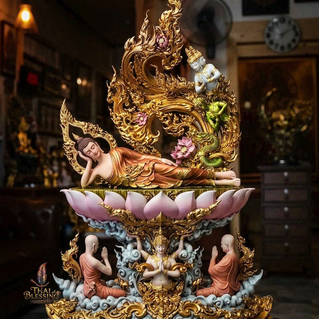 Authentic Sacred Thai Fine Art Hand-Painted Bronze Statue "Phra Chaturaphit Barami Saiyat" (Reclining Buddha - 44 cm / 17 Inch High Altar Size - 10 kg) Thai Blessing Co By RURUECHA