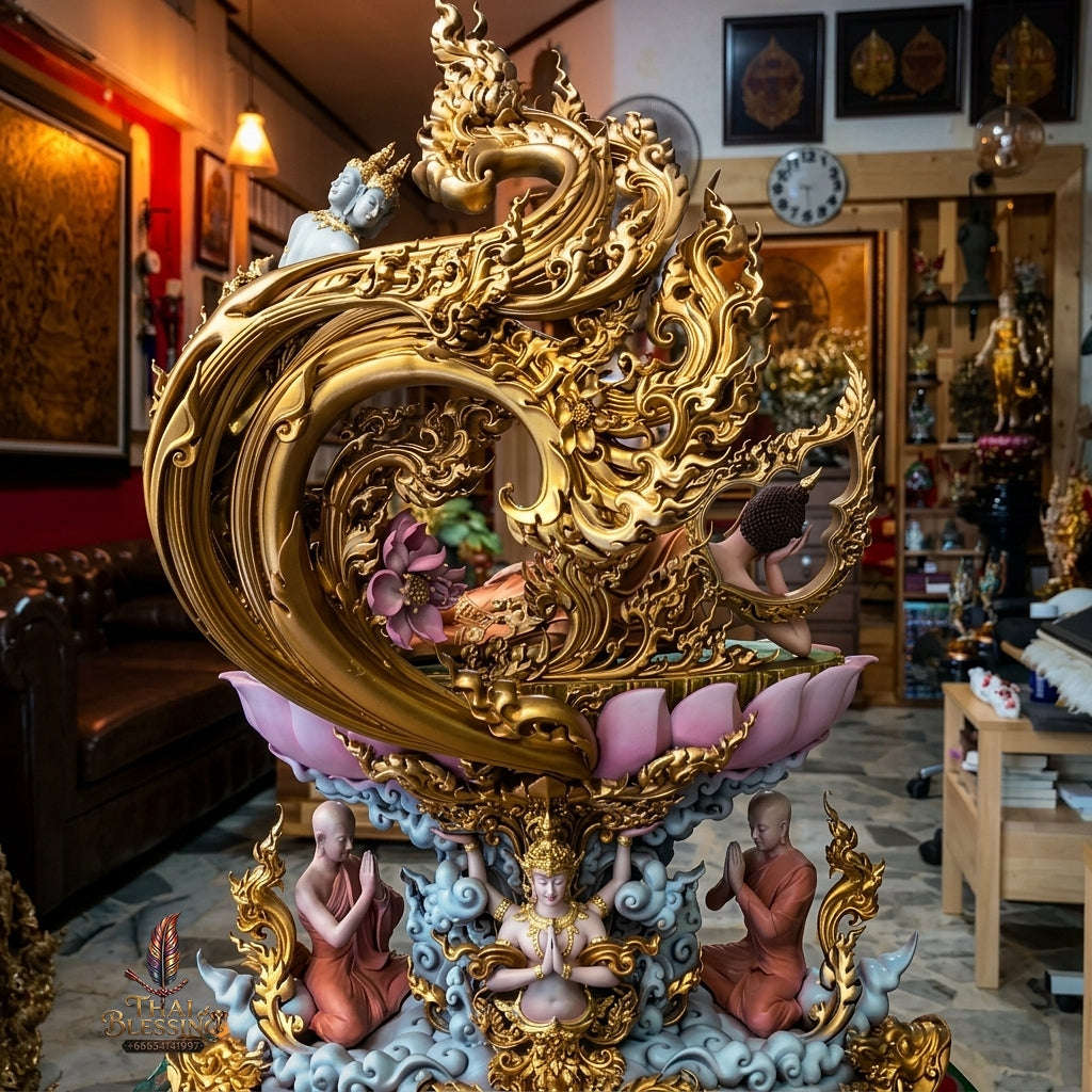 Authentic Sacred Thai Fine Art Hand-Painted Bronze Statue "Phra Chaturaphit Barami Saiyat" (Reclining Buddha - 44 cm / 17 Inch High Altar Size - 10 kg) Thai Blessing Co By RURUECHA