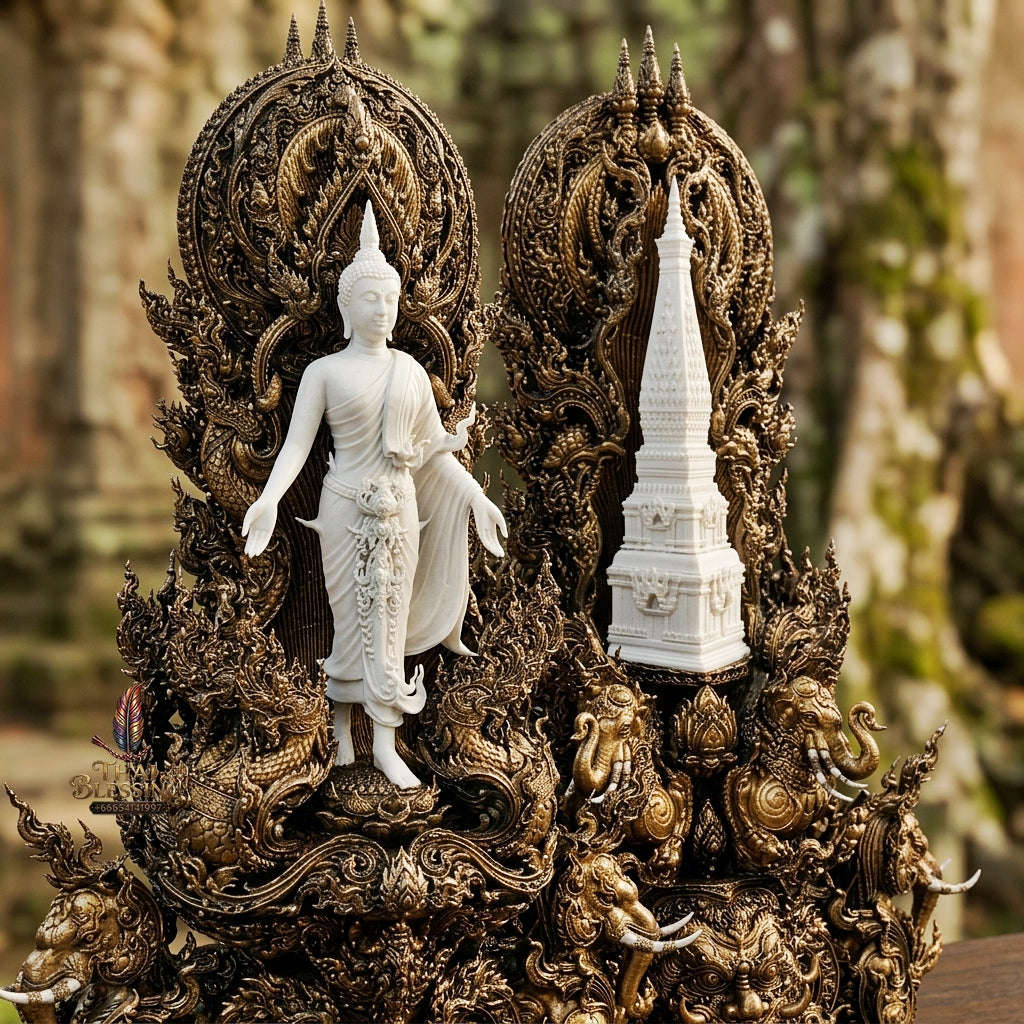 Authentic Sacred Thai Fine Art Statue "Phra Open World" (Phra Pang Poed Lok - That Phanom Naka Edition) 5 Inch Altar Size Thai Blessing Co By RURUECHA