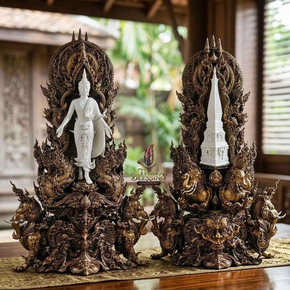 Authentic Sacred Thai Fine Art Statue "Phra Open World" (Phra Pang Poed Lok - That Phanom Naka Edition) 5 Inch Altar Size Thai Blessing Co By RURUECHA