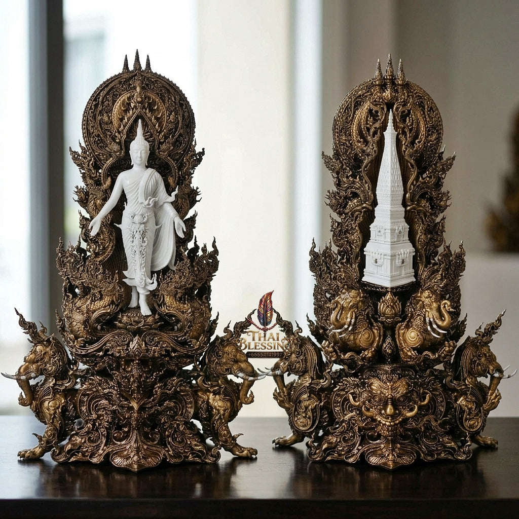 Authentic Sacred Thai Fine Art Statue "Phra Open World" (Phra Pang Poed Lok - That Phanom Naka Edition) 5 Inch Altar Size Thai Blessing Co By RURUECHA