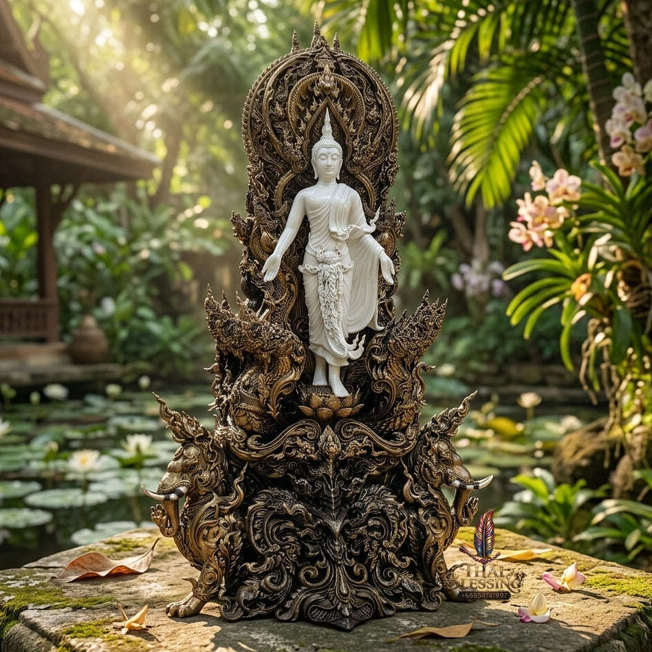 Authentic Sacred Thai Fine Art Statue "Phra Open World" (Phra Pang Poed Lok - That Phanom Naka Edition) 5 Inch Altar Size Thai Blessing Co By RURUECHA