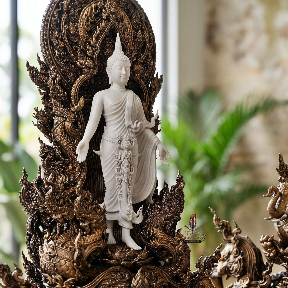 Authentic Sacred Thai Fine Art Statue "Phra Open World" (Phra Pang Poed Lok - That Phanom Naka Edition) 5 Inch Altar Size Thai Blessing Co By RURUECHA