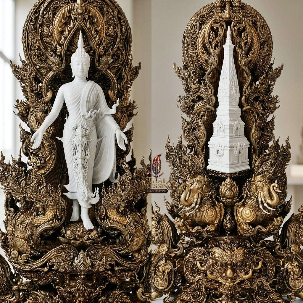 Authentic Sacred Thai Fine Art Statue "Phra Open World" (Phra Pang Poed Lok - That Phanom Naka Edition) 5 Inch Altar Size Thai Blessing Co By RURUECHA