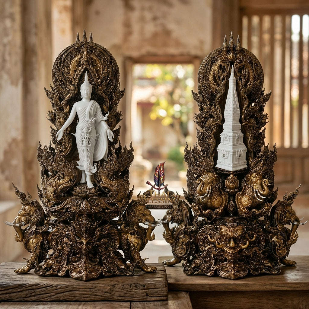 Authentic Sacred Thai Fine Art Statue "Phra Open World" (Phra Pang Poed Lok - That Phanom Naka Edition) 5 Inch Altar Size Thai Blessing Co By RURUECHA