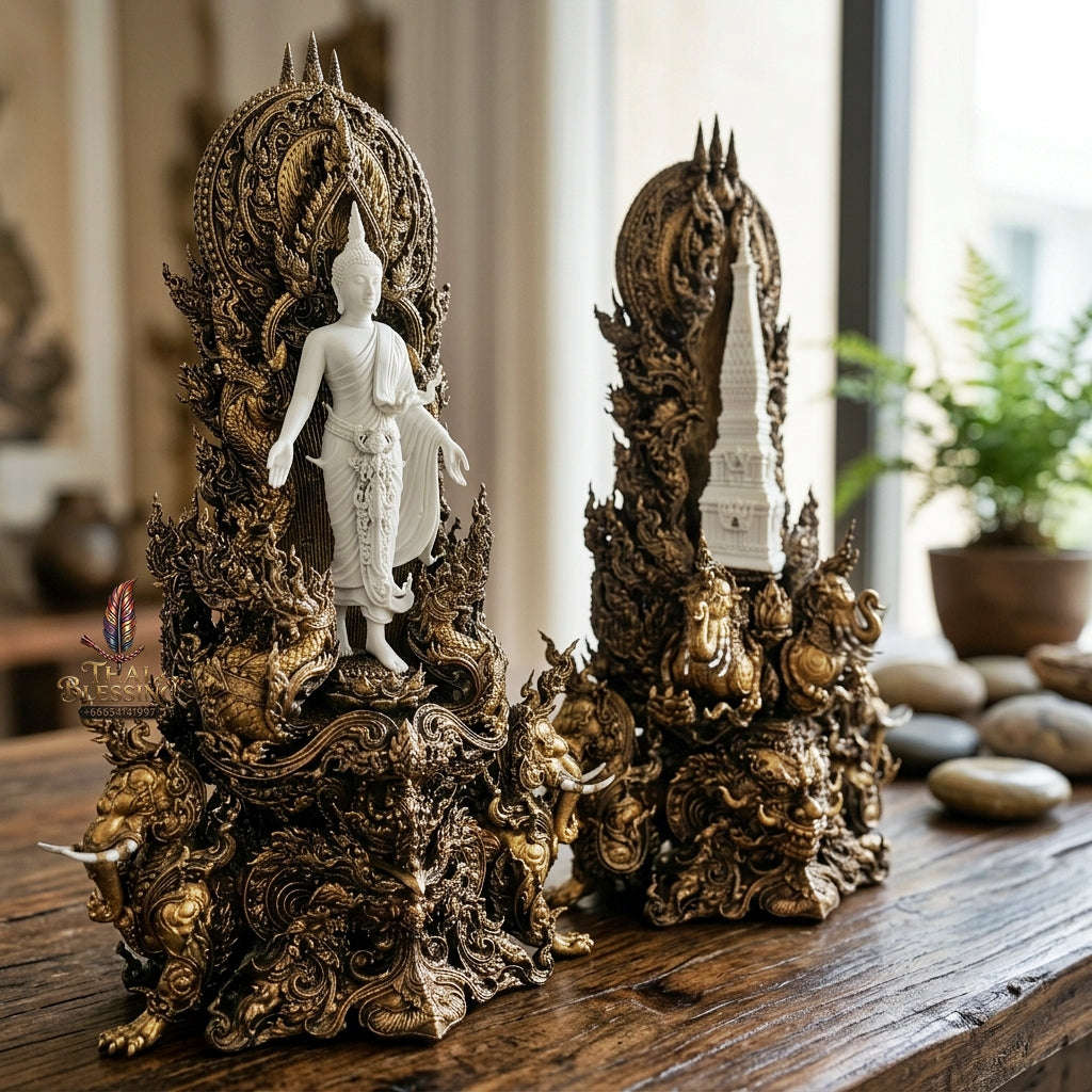 Authentic Sacred Thai Fine Art Statue "Phra Open World" (Phra Pang Poed Lok - That Phanom Naka Edition) 5 Inch Altar Size Thai Blessing Co By RURUECHA