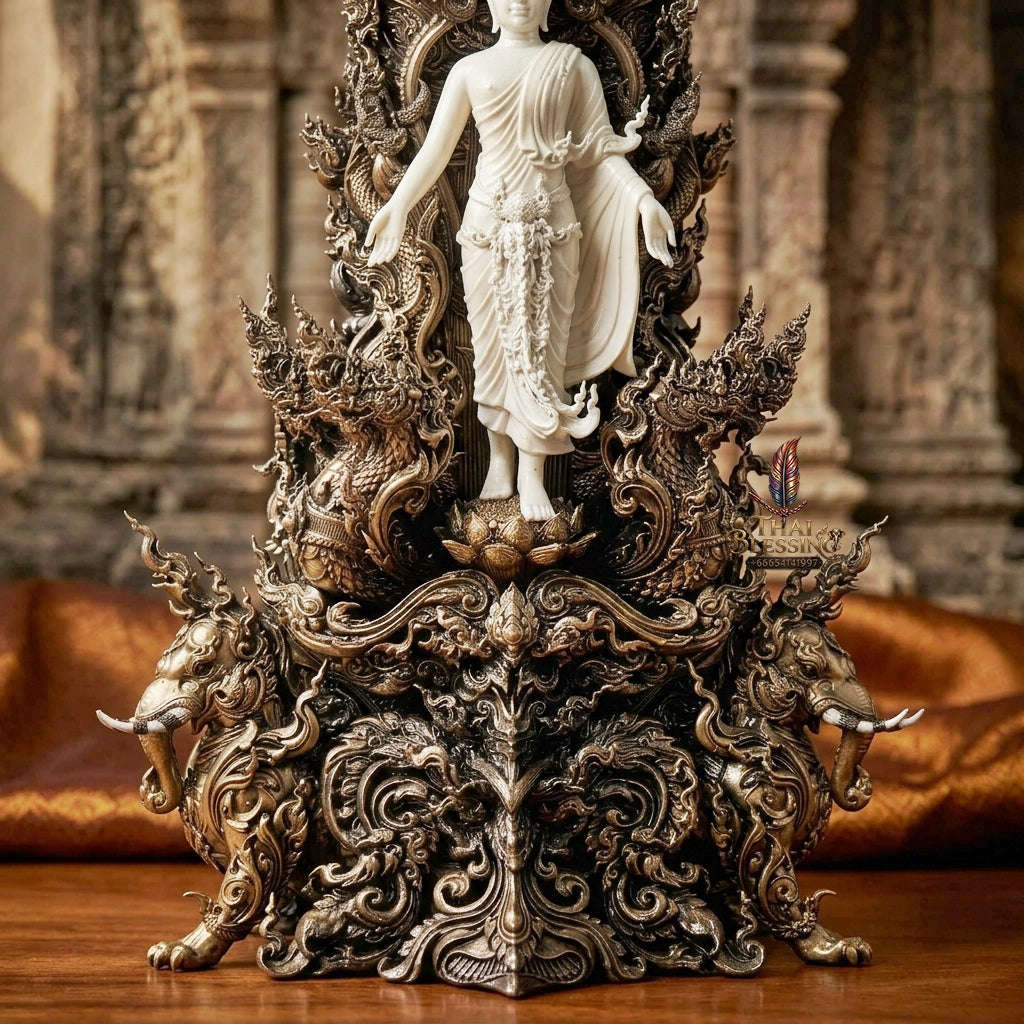 Authentic Sacred Thai Fine Art Statue "Phra Open World" (Phra Pang Poed Lok - That Phanom Naka Edition) 5 Inch Altar Size Thai Blessing Co By RURUECHA