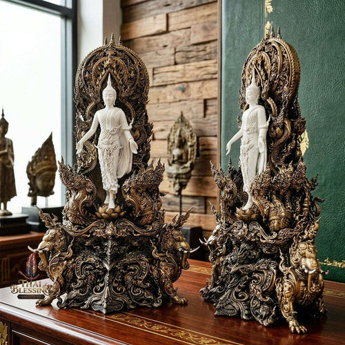 Authentic Sacred Thai Fine Art Statue "Phra Open World" (Phra Pang Poed Lok - That Phanom Naka Edition) 5 Inch Altar Size Thai Blessing Co By RURUECHA