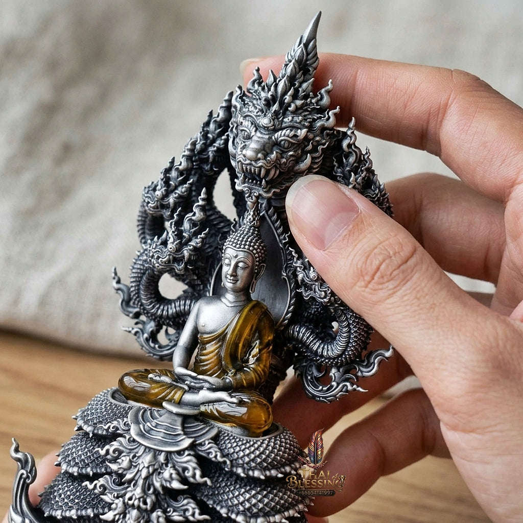 Authentic Sacred Thai Fine Art Statue "Phra Phuttha Sri Deva Naga Raja" (7-Headed Naga Protected Buddha / Saturday Buddha Posture - 13 cm / 5 Inches Altar Size B.E. 2566) Thai Blessing Co By RURUECHA