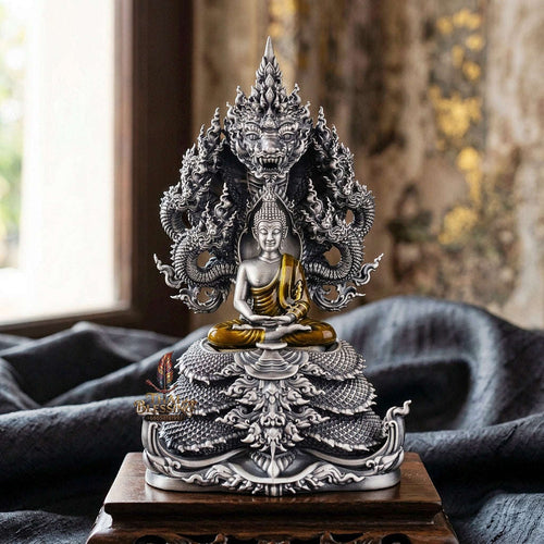 Authentic Sacred Thai Fine Art Statue "Phra Phuttha Sri Deva Naga Raja" (7-Headed Naga Protected Buddha / Saturday Buddha Posture - 13 cm / 5 Inches Altar Size B.E. 2566) Thai Blessing Co By RURUECHA