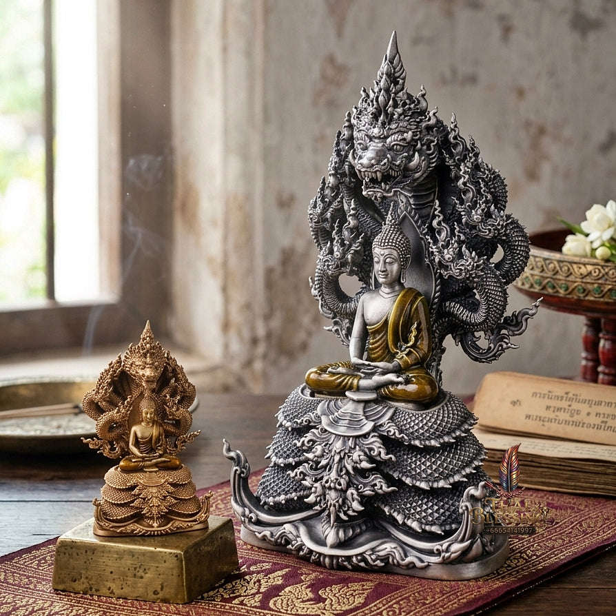 Authentic Sacred Thai Fine Art Statue "Phra Phuttha Sri Deva Naga Raja" (7-Headed Naga Protected Buddha / Saturday Buddha Posture - 13 cm / 5 Inches Altar Size B.E. 2566) Thai Blessing Co By RURUECHA