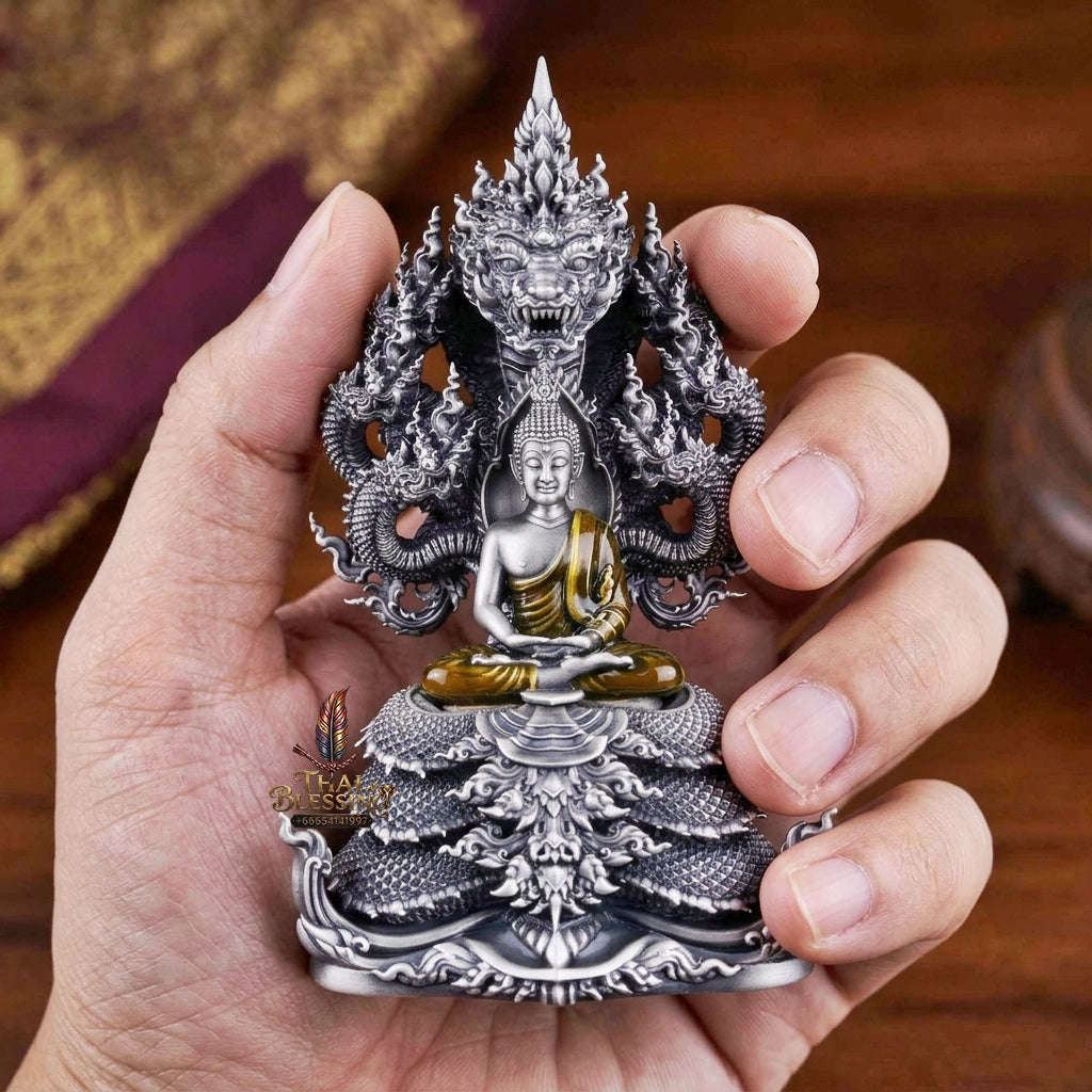 Authentic Sacred Thai Fine Art Statue "Phra Phuttha Sri Deva Naga Raja" (7-Headed Naga Protected Buddha / Saturday Buddha Posture - 13 cm / 5 Inches Altar Size B.E. 2566) Thai Blessing Co By RURUECHA