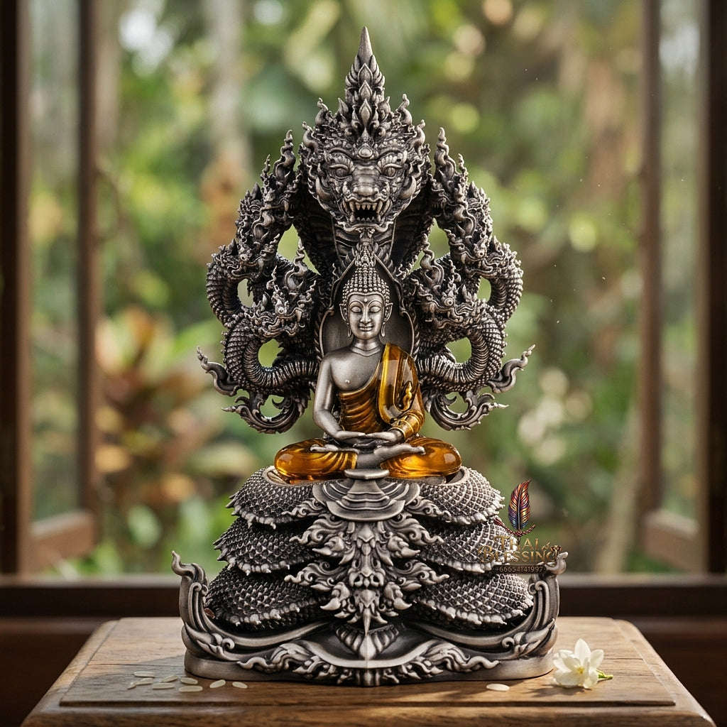 Authentic Sacred Thai Fine Art Statue "Phra Phuttha Sri Deva Naga Raja" (7-Headed Naga Protected Buddha / Saturday Buddha Posture - 13 cm / 5 Inches Altar Size B.E. 2566) Thai Blessing Co By RURUECHA