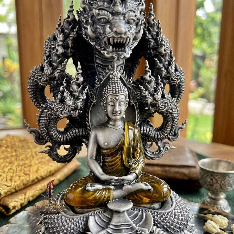 Authentic Sacred Thai Fine Art Statue "Phra Phuttha Sri Deva Naga Raja" (7-Headed Naga Protected Buddha / Saturday Buddha Posture - 13 cm / 5 Inches Altar Size B.E. 2566) Thai Blessing Co By RURUECHA