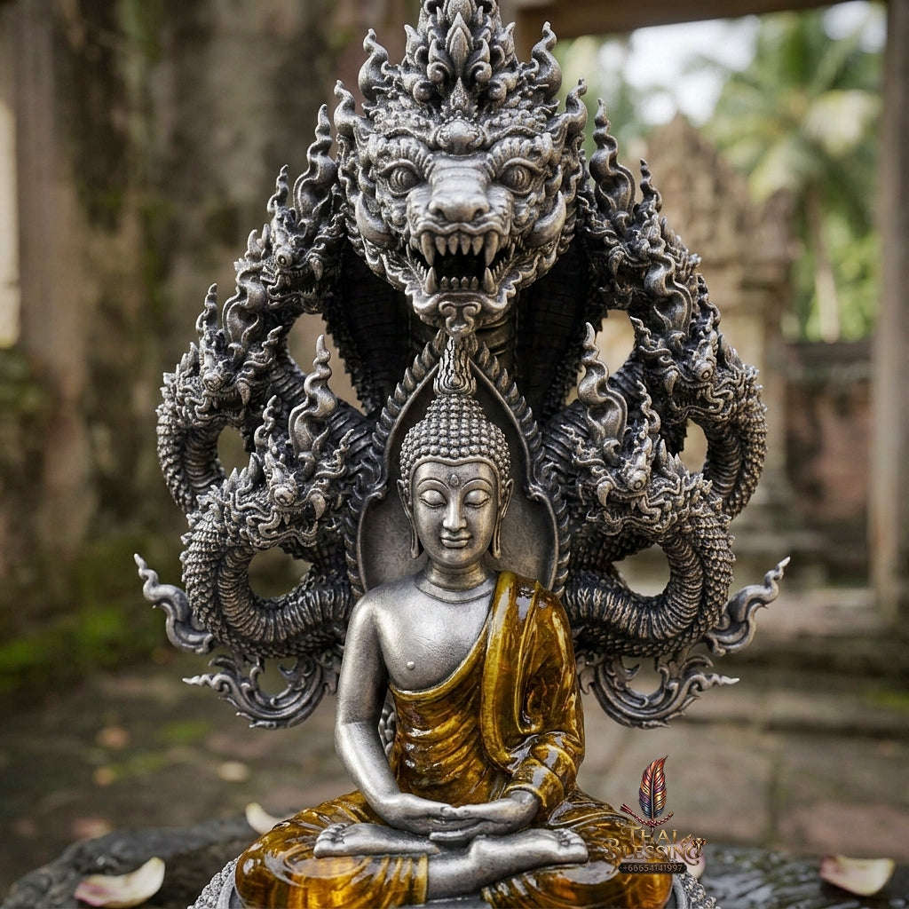 Authentic Sacred Thai Fine Art Statue "Phra Phuttha Sri Deva Naga Raja" (7-Headed Naga Protected Buddha / Saturday Buddha Posture - 13 cm / 5 Inches Altar Size B.E. 2566) Thai Blessing Co By RURUECHA