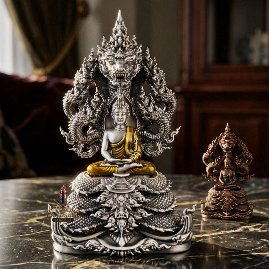 Authentic Sacred Thai Fine Art Statue "Phra Phuttha Sri Deva Naga Raja" (7-Headed Naga Protected Buddha / Saturday Buddha Posture - 13 cm / 5 Inches Altar Size B.E. 2566) Thai Blessing Co By RURUECHA