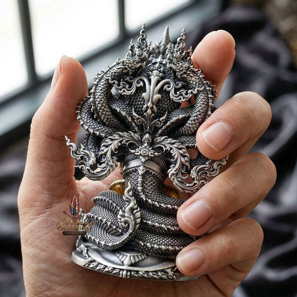 Authentic Sacred Thai Fine Art Statue "Phra Phuttha Sri Deva Naga Raja" (7-Headed Naga Protected Buddha / Saturday Buddha Posture - 13 cm / 5 Inches Altar Size B.E. 2566) Thai Blessing Co By RURUECHA