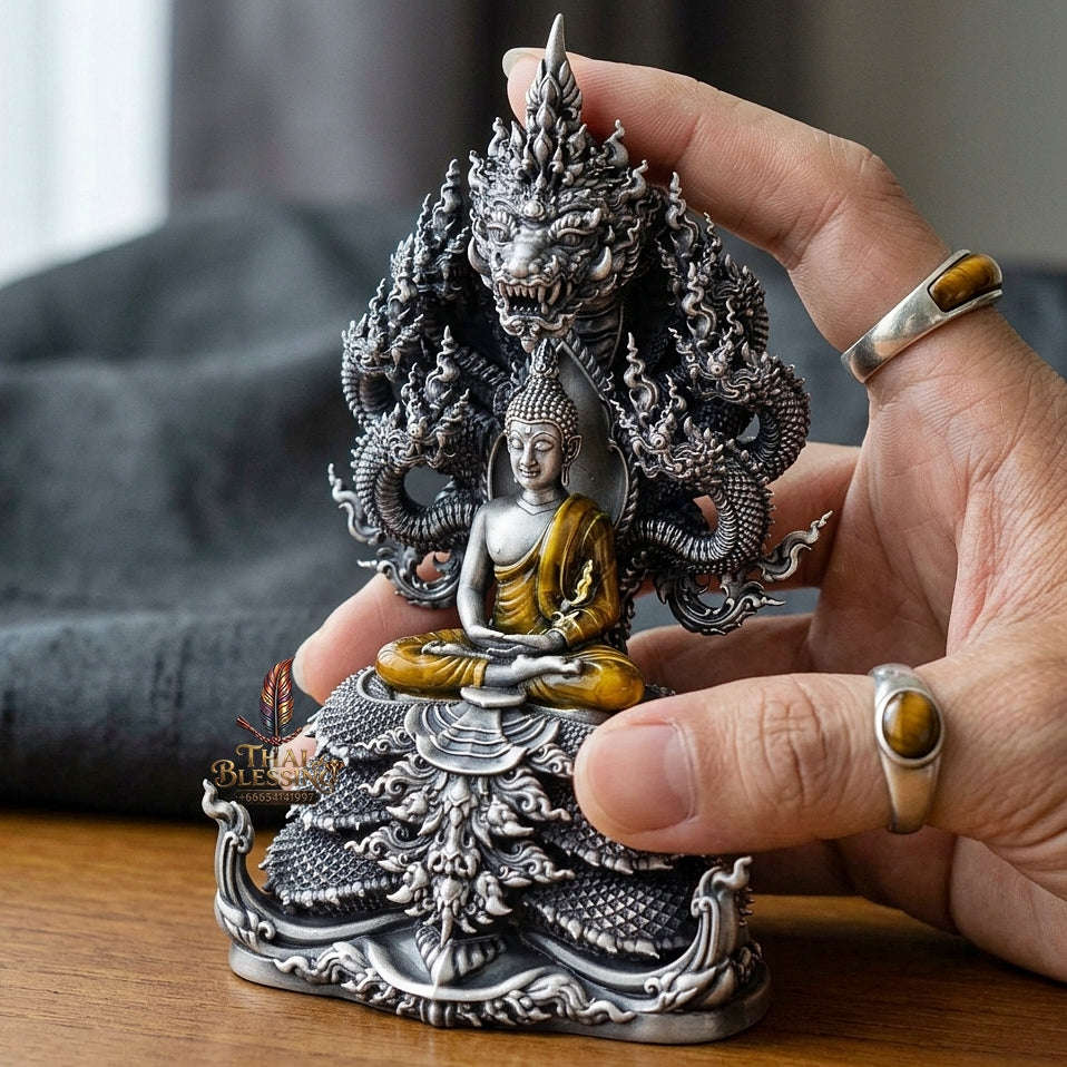 Authentic Sacred Thai Fine Art Statue "Phra Phuttha Sri Deva Naga Raja" (7-Headed Naga Protected Buddha / Saturday Buddha Posture - 13 cm / 5 Inches Altar Size B.E. 2566) Thai Blessing Co By RURUECHA