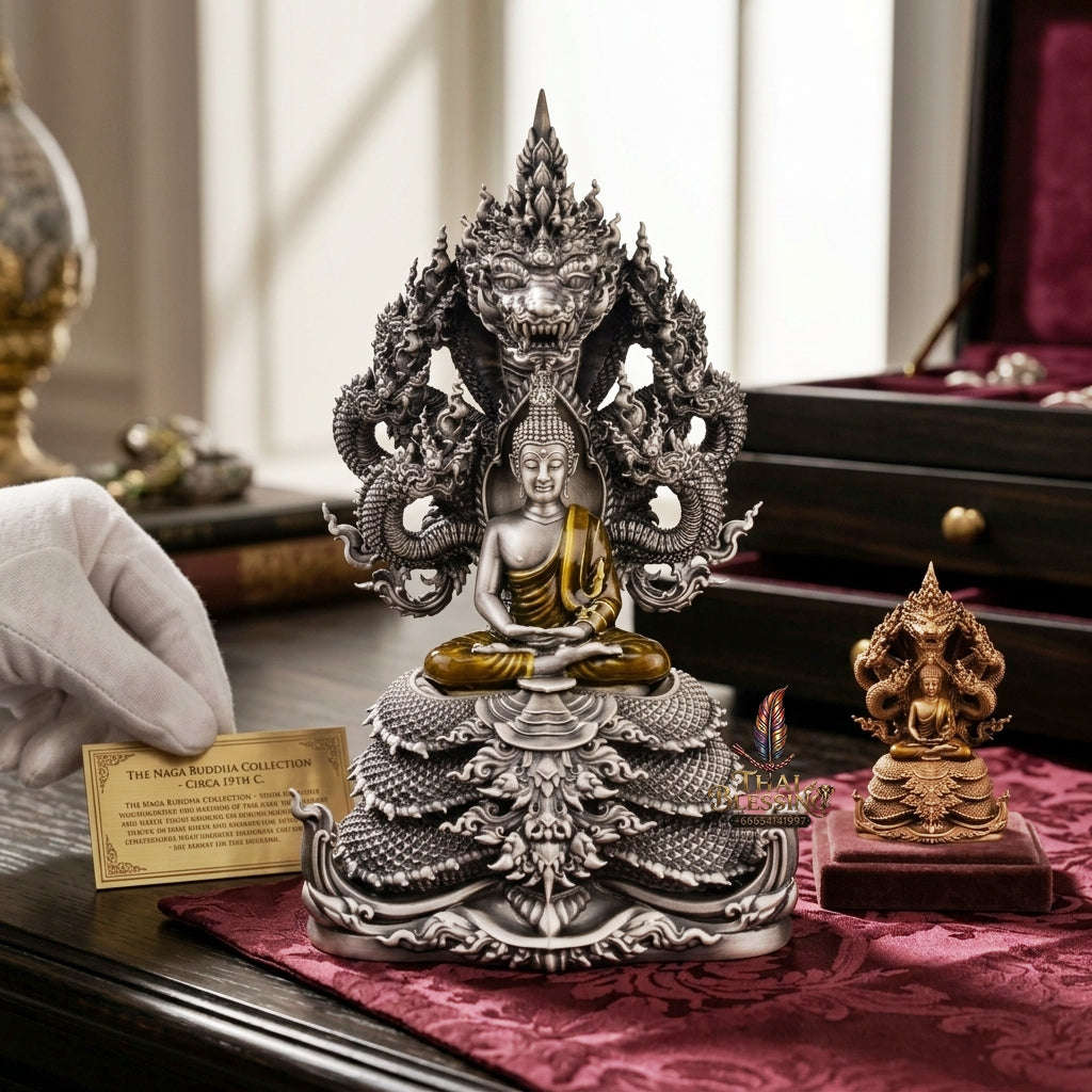 Authentic Sacred Thai Fine Art Statue "Phra Phuttha Sri Deva Naga Raja" (7-Headed Naga Protected Buddha / Saturday Buddha Posture - 13 cm / 5 Inches Altar Size B.E. 2566) Thai Blessing Co By RURUECHA
