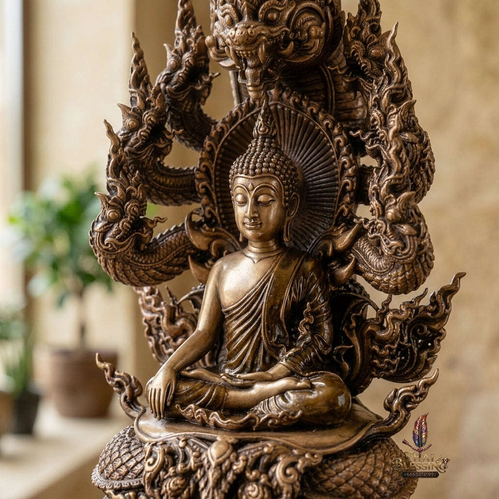 Authentic Sacred Thai Fine Art Statue "Phra Phuttha Sri Sattanakaraj Pitak" (Large 7-Headed Naga Protected Buddha - 30 cm / 12 Inches Altar Size B.E. 2567) Thai Blessing Co By RURUECHA