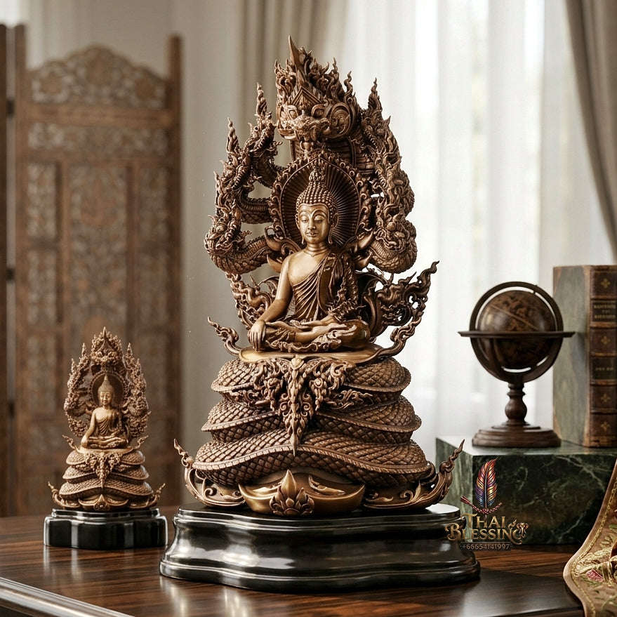 Authentic Sacred Thai Fine Art Statue "Phra Phuttha Sri Sattanakaraj Pitak" (Large 7-Headed Naga Protected Buddha - 30 cm / 12 Inches Altar Size B.E. 2567) Thai Blessing Co By RURUECHA