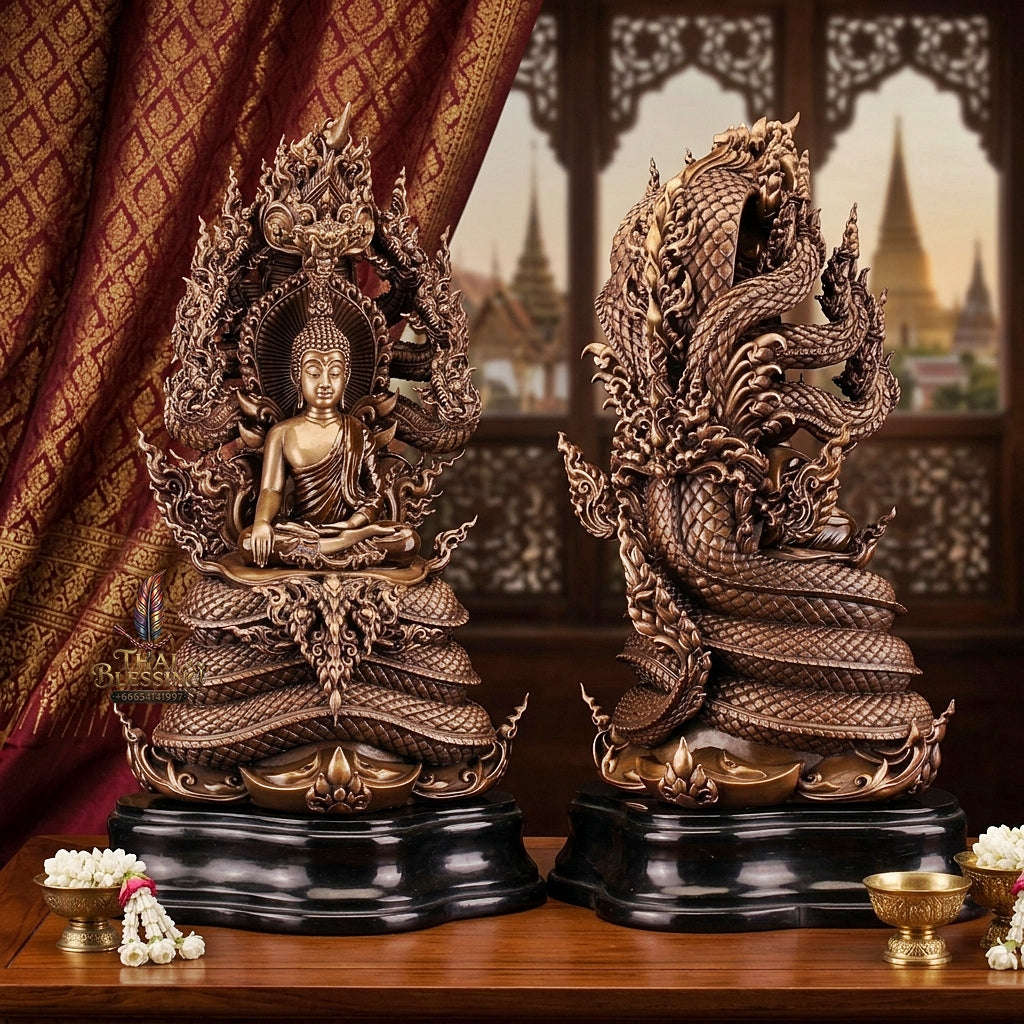 Authentic Sacred Thai Fine Art Statue "Phra Phuttha Sri Sattanakaraj Pitak" (Large 7-Headed Naga Protected Buddha - 30 cm / 12 Inches Altar Size B.E. 2567) Thai Blessing Co By RURUECHA