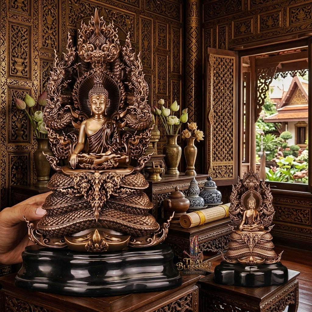 Authentic Sacred Thai Fine Art Statue "Phra Phuttha Sri Sattanakaraj Pitak" (Large 7-Headed Naga Protected Buddha - 30 cm / 12 Inches Altar Size B.E. 2567) Thai Blessing Co By RURUECHA