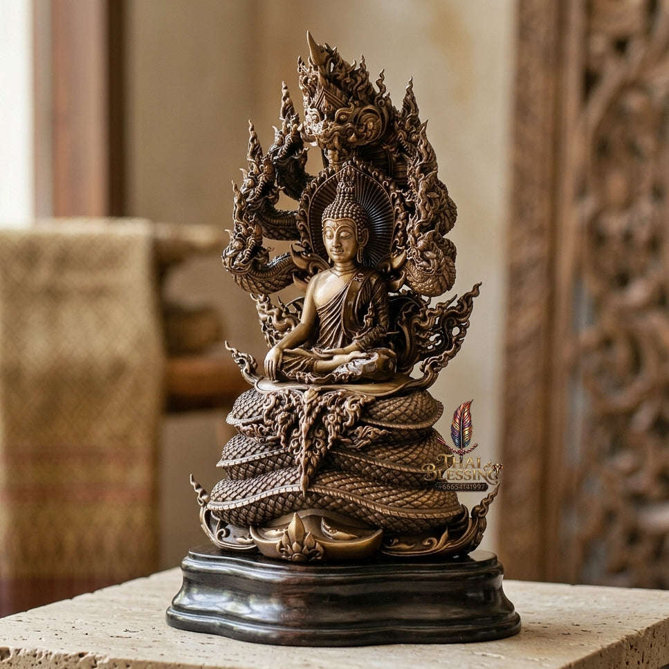 Authentic Sacred Thai Fine Art Statue "Phra Phuttha Sri Sattanakaraj Pitak" (Large 7-Headed Naga Protected Buddha - 30 cm / 12 Inches Altar Size B.E. 2567) Thai Blessing Co By RURUECHA