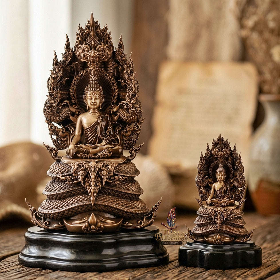 Authentic Sacred Thai Fine Art Statue "Phra Phuttha Sri Sattanakaraj Pitak" (Large 7-Headed Naga Protected Buddha - 30 cm / 12 Inches Altar Size B.E. 2567) Thai Blessing Co By RURUECHA