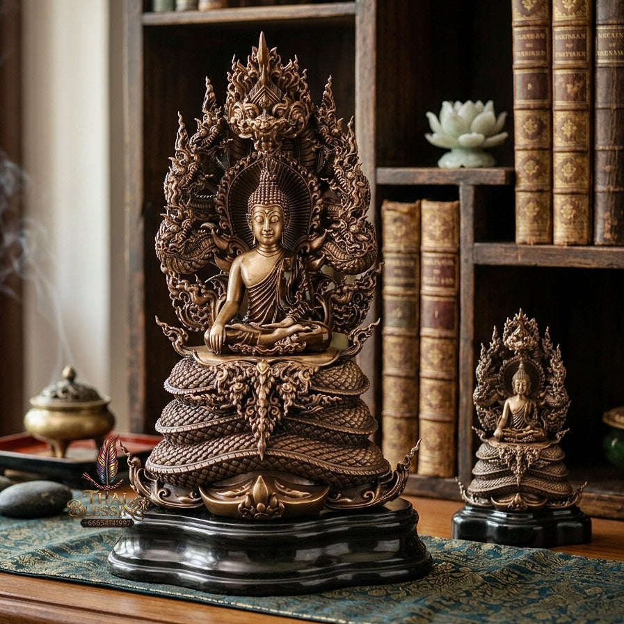 Authentic Sacred Thai Fine Art Statue "Phra Phuttha Sri Sattanakaraj Pitak" (Large 7-Headed Naga Protected Buddha - 30 cm / 12 Inches Altar Size B.E. 2567) Thai Blessing Co By RURUECHA