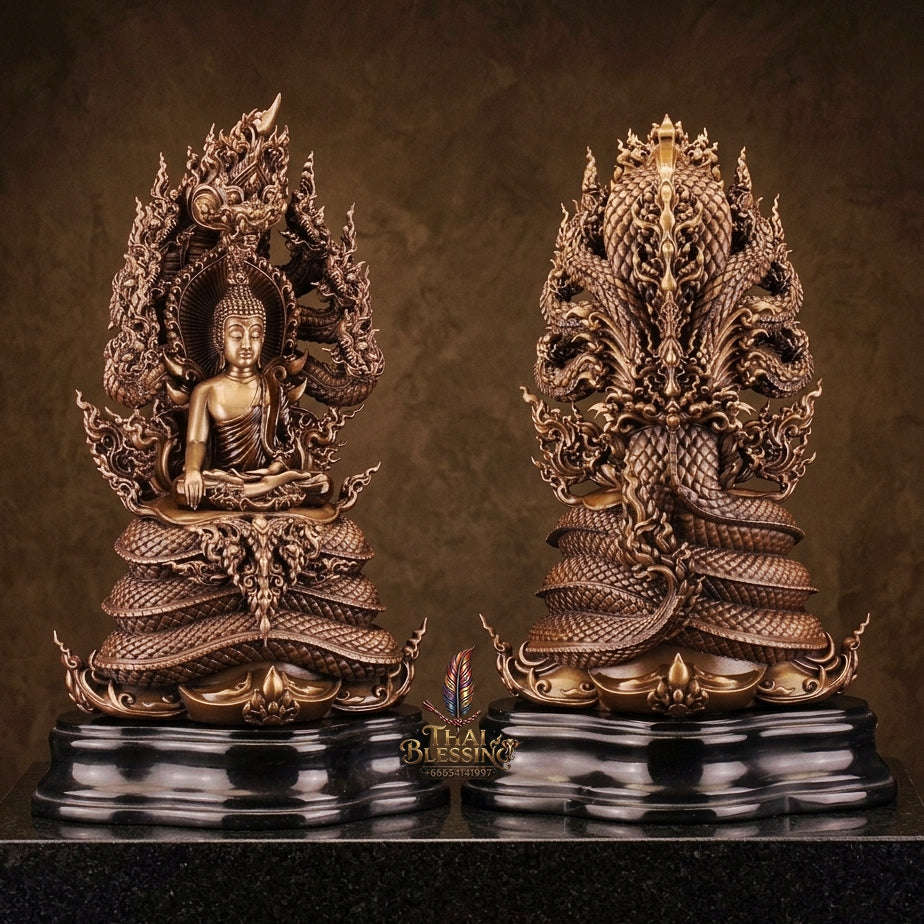 Authentic Sacred Thai Fine Art Statue "Phra Phuttha Sri Sattanakaraj Pitak" (Large 7-Headed Naga Protected Buddha - 30 cm / 12 Inches Altar Size B.E. 2567) Thai Blessing Co By RURUECHA