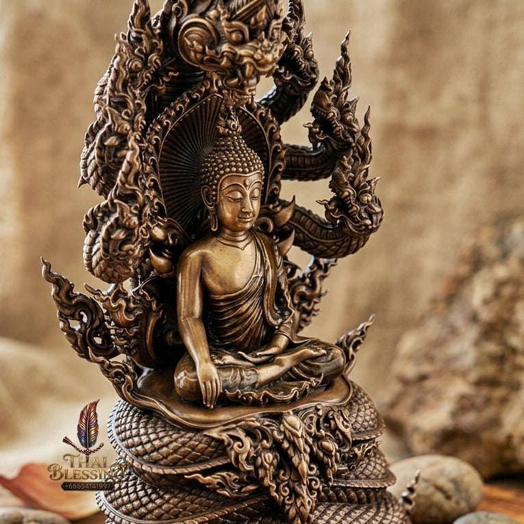 Authentic Sacred Thai Fine Art Statue "Phra Phuttha Sri Sattanakaraj Pitak" (Large 7-Headed Naga Protected Buddha - 30 cm / 12 Inches Altar Size B.E. 2567) Thai Blessing Co By RURUECHA