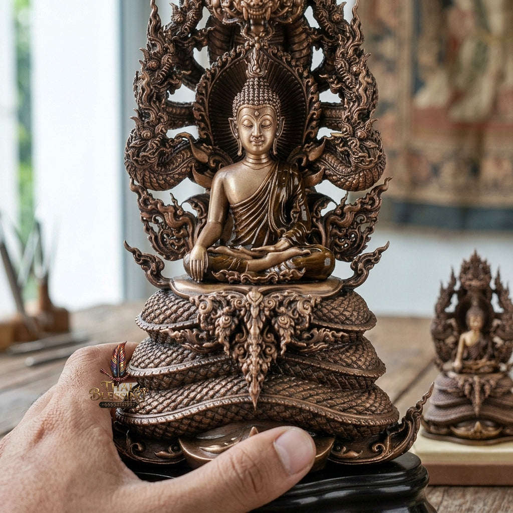 Authentic Sacred Thai Fine Art Statue "Phra Phuttha Sri Sattanakaraj Pitak" (Large 7-Headed Naga Protected Buddha - 30 cm / 12 Inches Altar Size B.E. 2567) Thai Blessing Co By RURUECHA