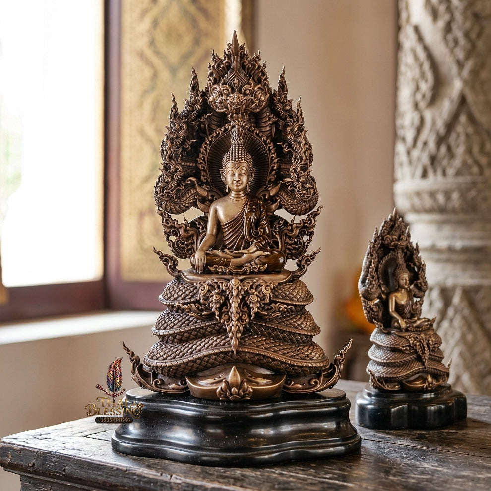 Authentic Sacred Thai Fine Art Statue "Phra Phuttha Sri Sattanakaraj Pitak" (Large 7-Headed Naga Protected Buddha - 30 cm / 12 Inches Altar Size B.E. 2567) Thai Blessing Co By RURUECHA
