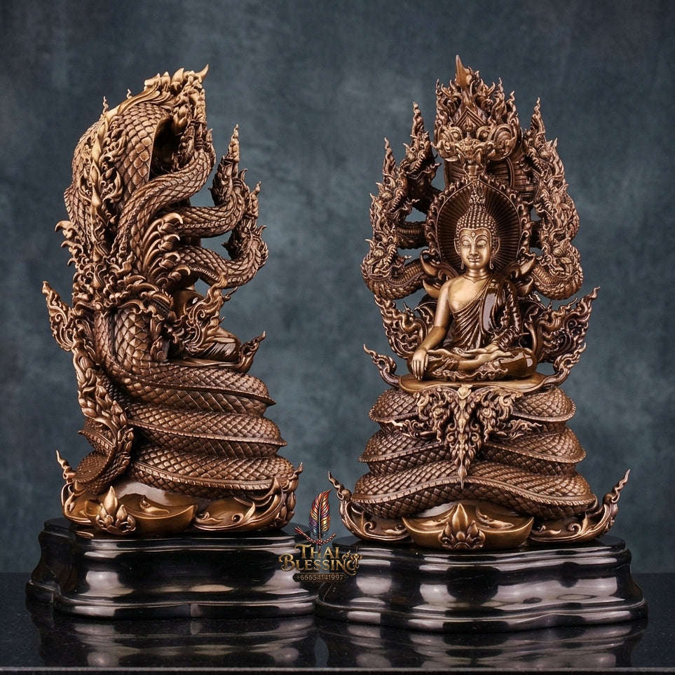 Authentic Sacred Thai Fine Art Statue "Phra Phuttha Sri Sattanakaraj Pitak" (Large 7-Headed Naga Protected Buddha - 30 cm / 12 Inches Altar Size B.E. 2567) Thai Blessing Co By RURUECHA