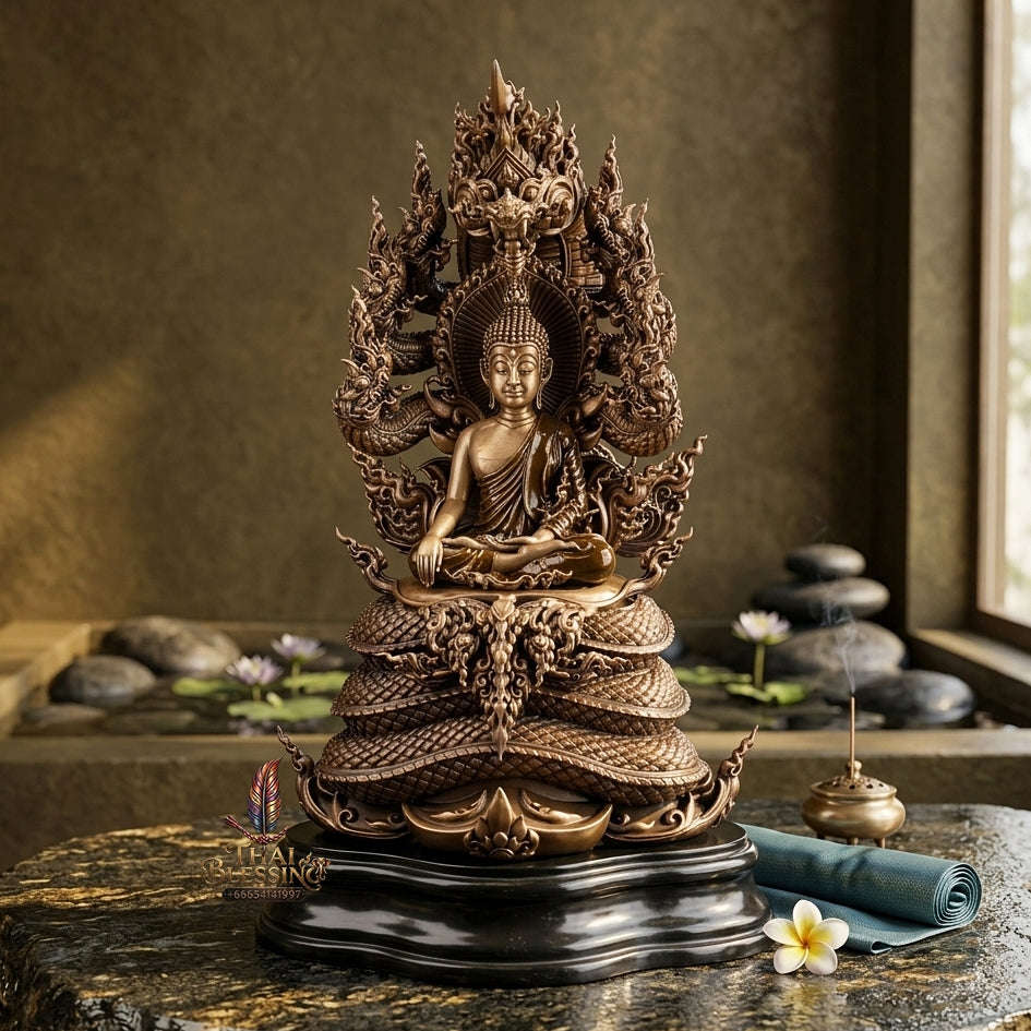 Authentic Sacred Thai Fine Art Statue "Phra Phuttha Sri Sattanakaraj Pitak" (Large 7-Headed Naga Protected Buddha - 30 cm / 12 Inches Altar Size B.E. 2567) Thai Blessing Co By RURUECHA