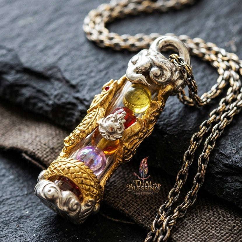 Authentic Sacred Thai Naga Amulet "Takrut Nakee Bandan Sap Wealth Amulet" (2K Gold & Silver Plated Bronze) Consecrated by Phra Maha Somphon at Wat Thai, Nong Khai Thai Blessing Co By RURUECHA