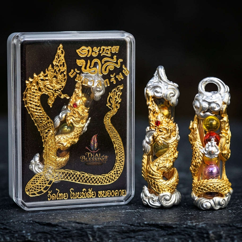 Authentic Sacred Thai Naga Amulet "Takrut Nakee Bandan Sap Wealth Amulet" (2K Gold & Silver Plated Bronze) Consecrated by Phra Maha Somphon at Wat Thai, Nong Khai Thai Blessing Co By RURUECHA