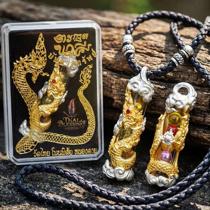 Authentic Sacred Thai Naga Amulet "Takrut Nakee Bandan Sap Wealth Amulet" (2K Gold & Silver Plated Bronze) Consecrated by Phra Maha Somphon at Wat Thai, Nong Khai Thai Blessing Co By RURUECHA