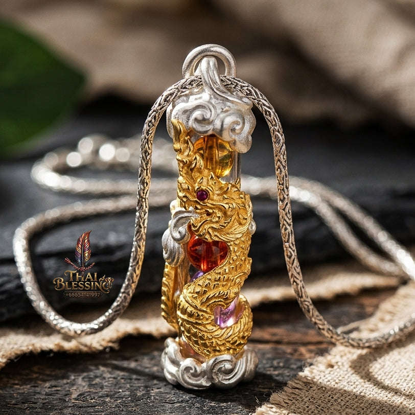 Authentic Sacred Thai Naga Amulet "Takrut Nakee Bandan Sap Wealth Amulet" (2K Gold & Silver Plated Bronze) Consecrated by Phra Maha Somphon at Wat Thai, Nong Khai Thai Blessing Co By RURUECHA