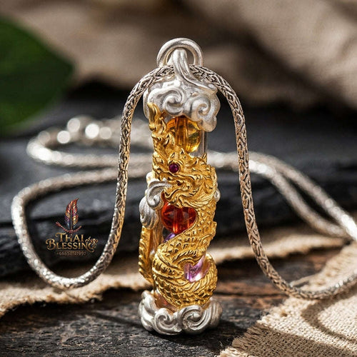 Authentic Sacred Thai Naga Amulet "Takrut Nakee Bandan Sap Wealth Amulet" (2K Gold & Silver Plated Bronze) Consecrated by Phra Maha Somphon at Wat Thai, Nong Khai Thai Blessing Co By RURUECHA