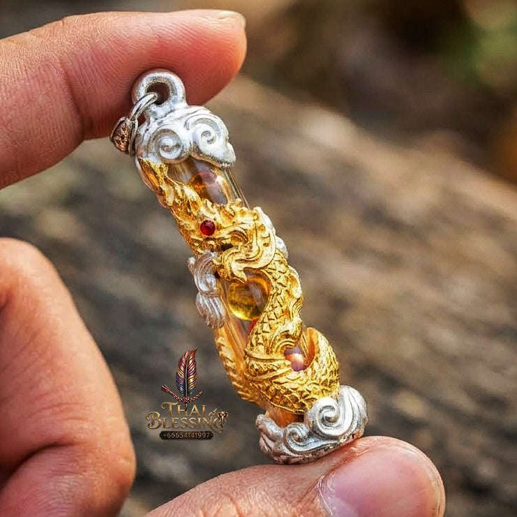 Authentic Sacred Thai Naga Amulet "Takrut Nakee Bandan Sap Wealth Amulet" (2K Gold & Silver Plated Bronze) Consecrated by Phra Maha Somphon at Wat Thai, Nong Khai Thai Blessing Co By RURUECHA