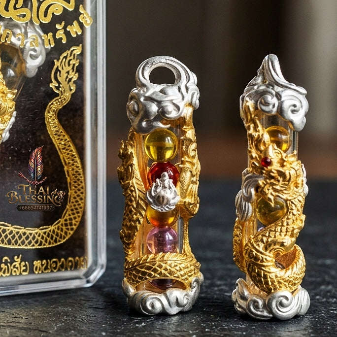 Authentic Sacred Thai Naga Amulet "Takrut Nakee Bandan Sap Wealth Amulet" (2K Gold & Silver Plated Bronze) Consecrated by Phra Maha Somphon at Wat Thai, Nong Khai Thai Blessing Co By RURUECHA