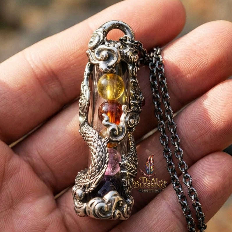 Authentic Sacred Thai Naga Amulet "Takrut Nakee Bandan Sap Wealth Amulet" (Polished White Gold Finish) Thai Blessing Co By RURUECHA