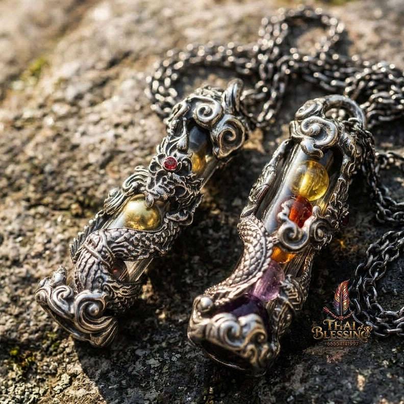 Authentic Sacred Thai Naga Amulet "Takrut Nakee Bandan Sap Wealth Amulet" (Polished White Gold Finish) Thai Blessing Co By RURUECHA